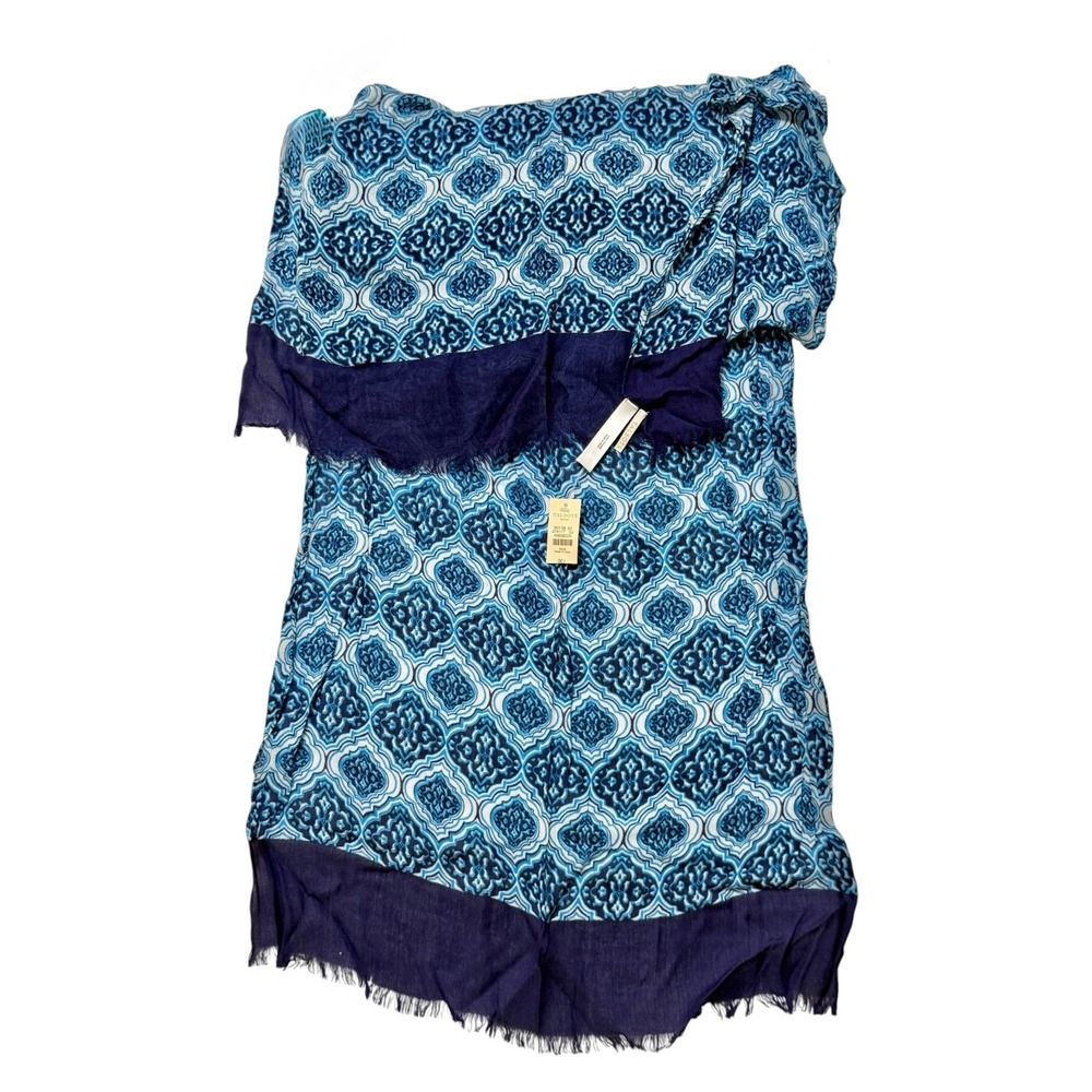 NEW Talbots Women Blue White Geometric Ikat Viscose Scarf Eyelash Fringe